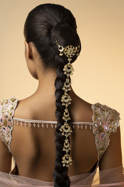 Gold Plated Kundan Polki & Shell Pearls Handcrafted Braid Pin