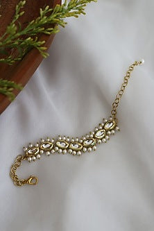 Gold Finish Kundan Polki & Freshwater Pearls Handcrafted Bracelet