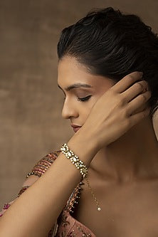 Gold Finish Kundan Polki & Freshwater Pearls Handcrafted Bracelet