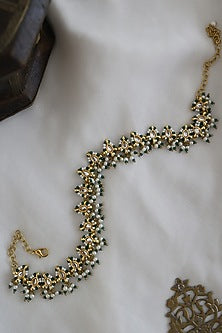 Gold Finish Kundan Polki & Green Beads Handcrafted Mathapatti