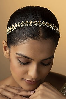 Gold Finish Kundan Polki & Green Beads Handcrafted Mathapatti