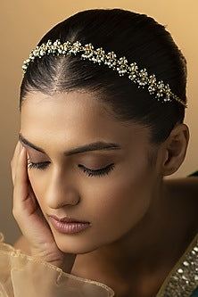 Gold Finish Kundan Polki & Green Beads Handcrafted Mathapatti