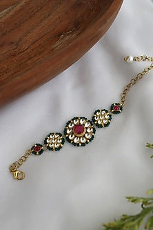 Gold Finish Green Kundan Polki & Pink Stones Handcrafted Bracelet