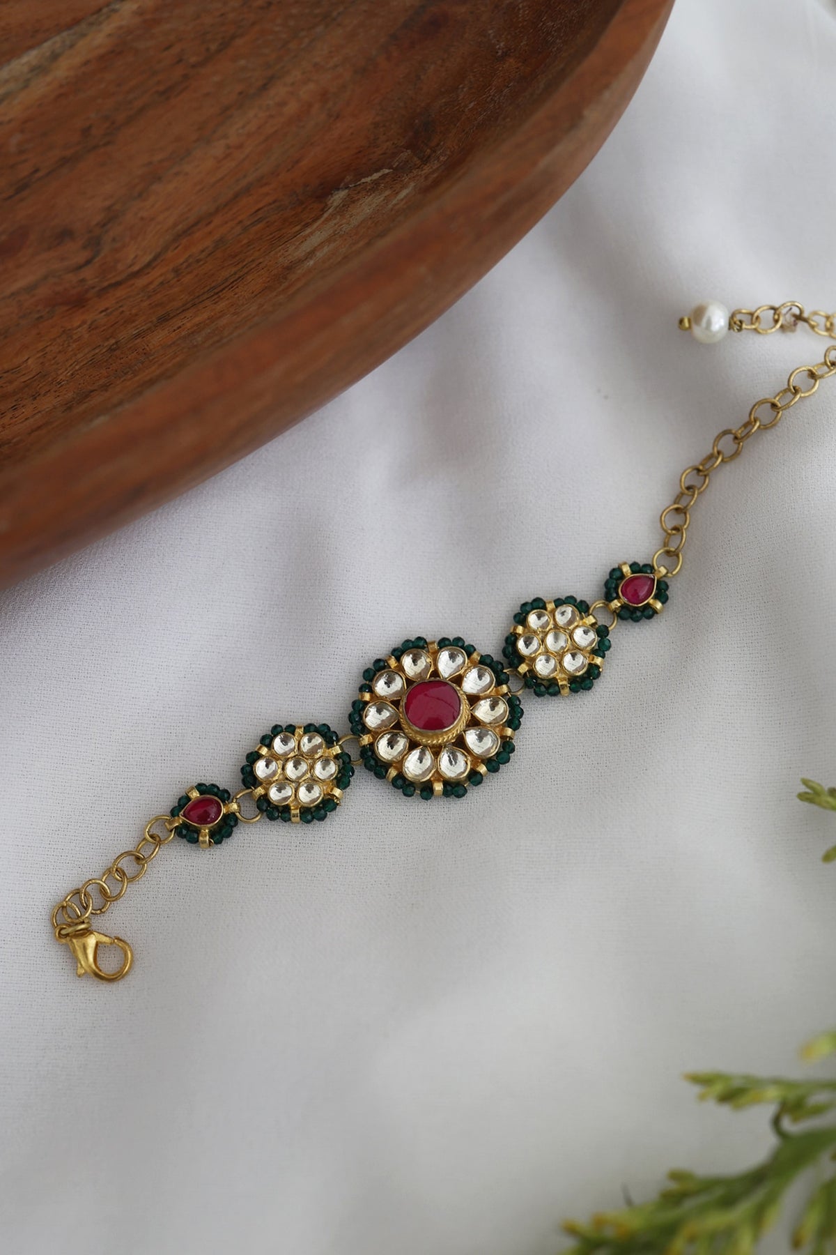 Gold Finish Green Kundan Polki & Pink Stones Handcrafted Bracelet