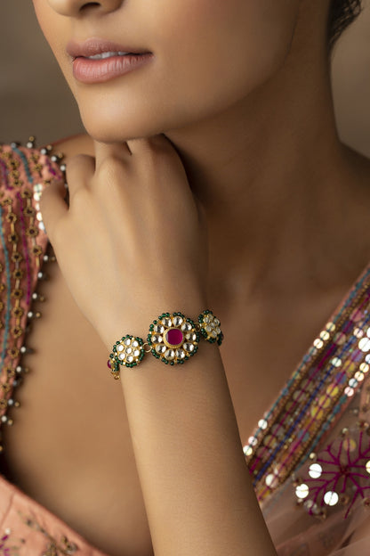 Gold Finish Green Kundan Polki & Pink Stones Handcrafted Bracelet