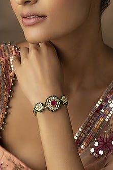 Gold Finish Green Kundan Polki & Pink Stones Handcrafted Bracelet