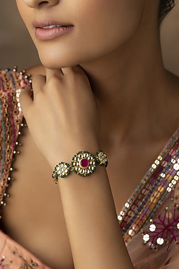 Gold Finish Green Kundan Polki & Pink Stones Handcrafted Bracelet