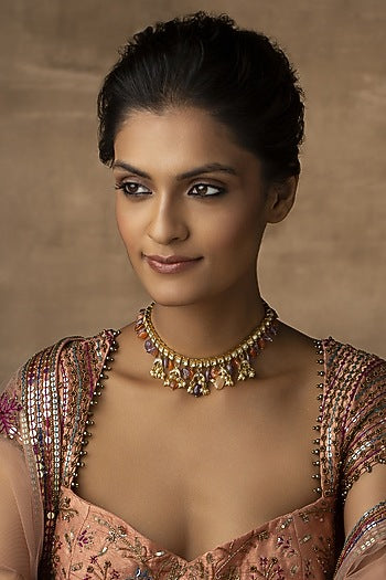 Gold Plated Kundan Polki & Multi-Colored Stone Handcrafted Choker Necklace