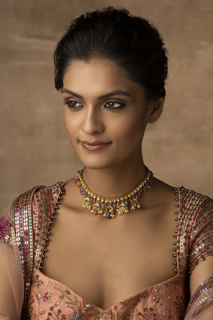 Gold Plated Kundan Polki & Multi-Colored Stone Handcrafted Choker Necklace