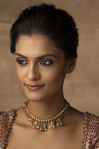 Gold Plated Kundan Polki & Multi-Colored Stone Handcrafted Choker Necklace