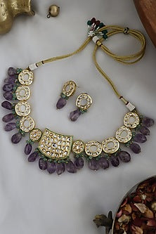 Gold Finish Kundan & Amethyst Stone Necklace Set