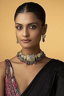 Gold Finish Kundan & Amethyst Stone Necklace Set