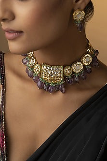 Gold Finish Kundan & Amethyst Stone Necklace Set
