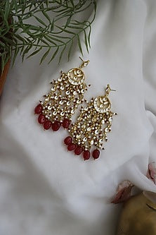 Gold Finish Kundan & Red Stone Chandbali Earrings