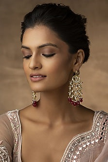 Gold Finish Kundan & Red Stone Chandbali Earrings