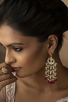 Gold Finish Kundan & Red Stone Chandbali Earrings