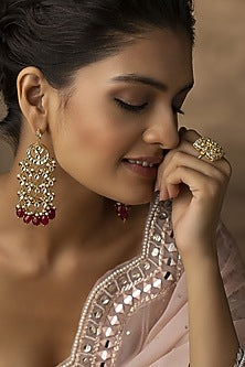 Gold Finish Kundan & Red Stone Chandbali Earrings