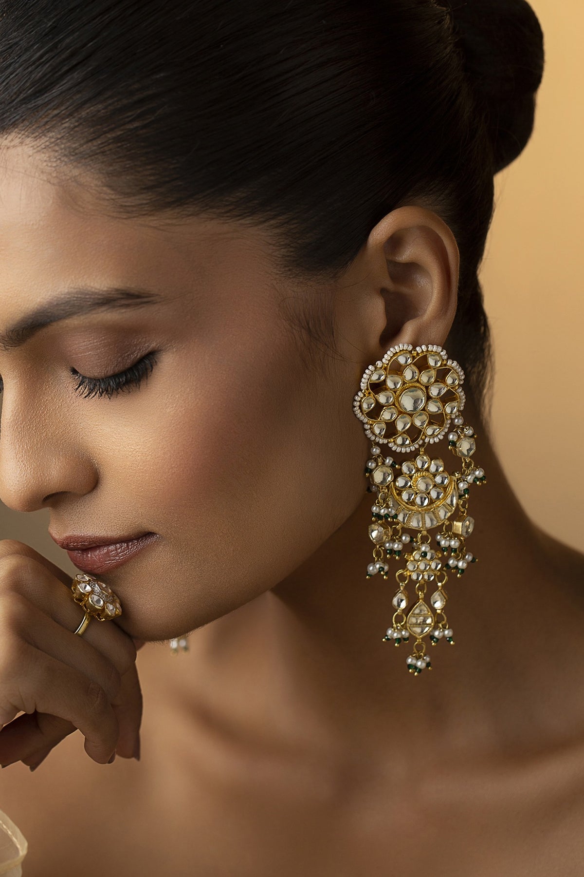 Gold Finish Kundan & Pearl Dangler Earrings