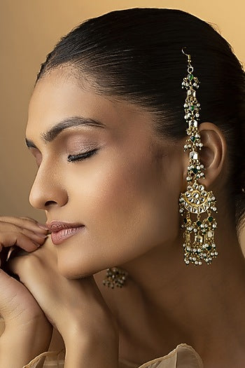 Gold Finish Kundan & Shell Pearl Dangler Earrings
