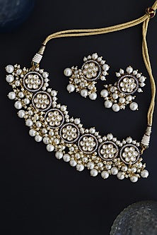 Rhodium & Gold Finish Victorian Polki & Pearl Choker Necklace Set