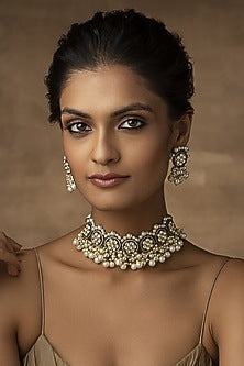 Rhodium & Gold Finish Victorian Polki & Pearl Choker Necklace Set