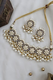 Rhodium & Gold Finish Victorian Polki & Pearl Choker Necklace Set
