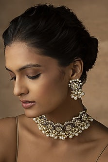 Rhodium & Gold Finish Victorian Polki & Pearl Choker Necklace Set
