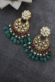 Gold Finish Jade Green Stone Chandbali Earrings
