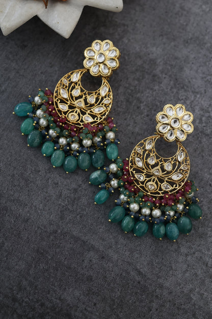 Gold Finish Jade Green Stone Chandbali Earrings