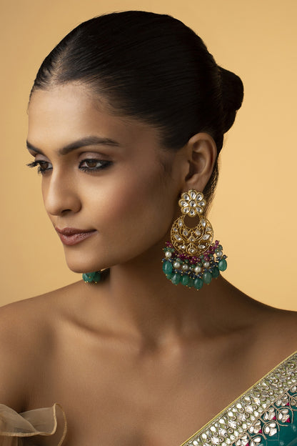 Gold Finish Jade Green Stone Chandbali Earrings