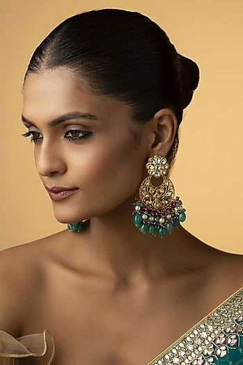 Gold Finish Jade Green Stone Chandbali Earrings