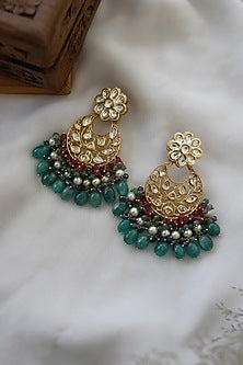 Gold Finish Jade Green Stone Chandbali Earrings
