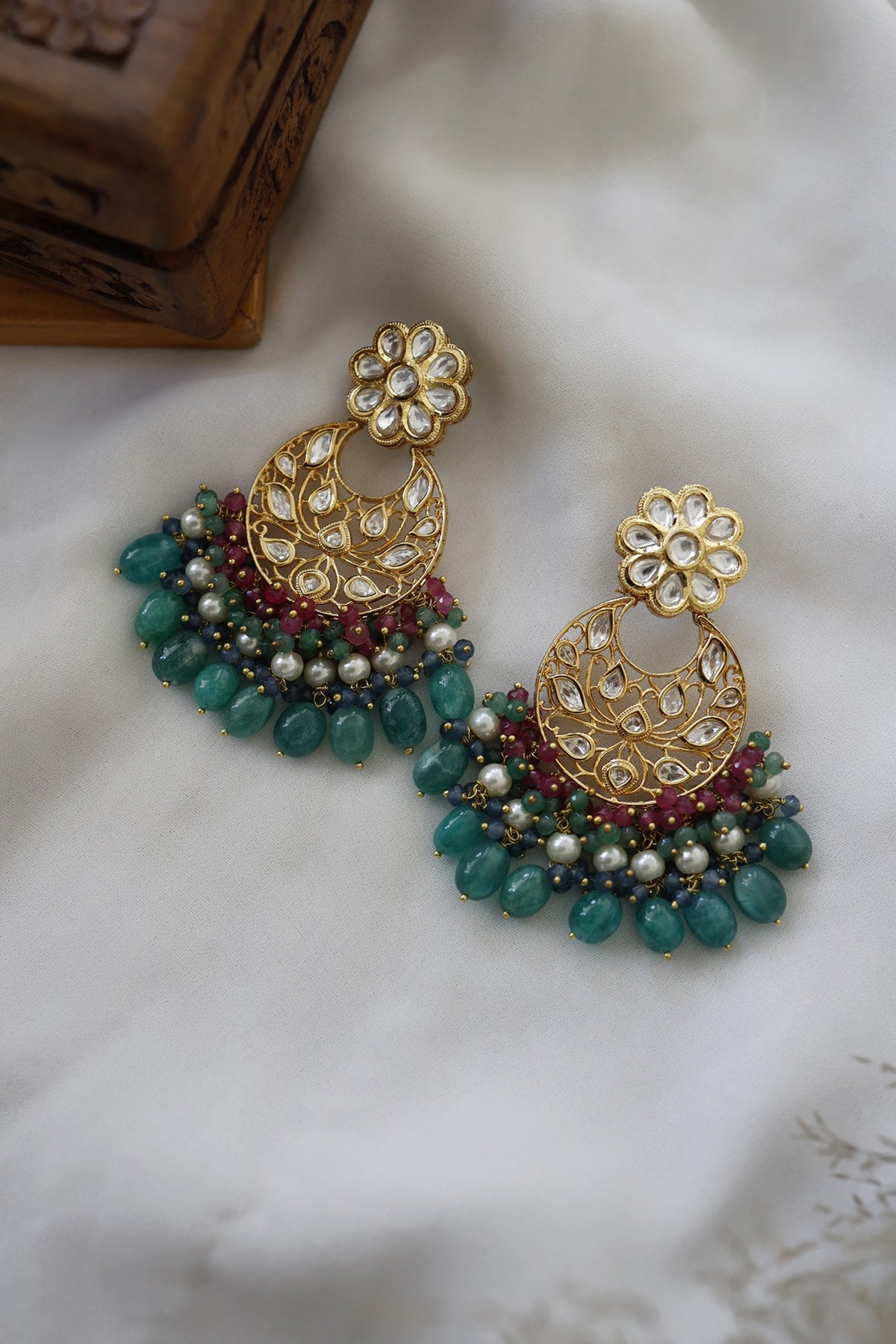 Gold Finish Jade Green Stone Chandbali Earrings