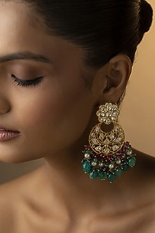 Gold Finish Jade Green Stone Chandbali Earrings