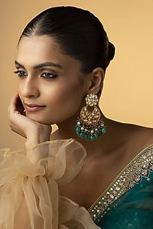 Gold Finish Jade Green Stone Chandbali Earrings
