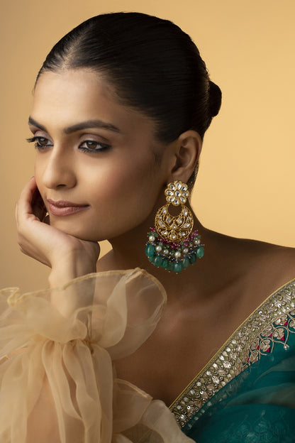 Gold Finish Jade Green Stone Chandbali Earrings