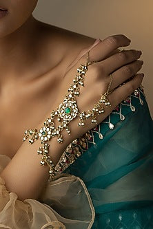 Gold Finish Kundan & Green Stone Hathphool
