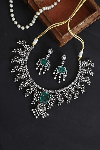 Rhodium Finish Emerald & Zirconia Necklace Set