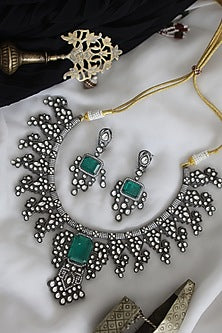 Rhodium Finish Emerald & Zirconia Necklace Set