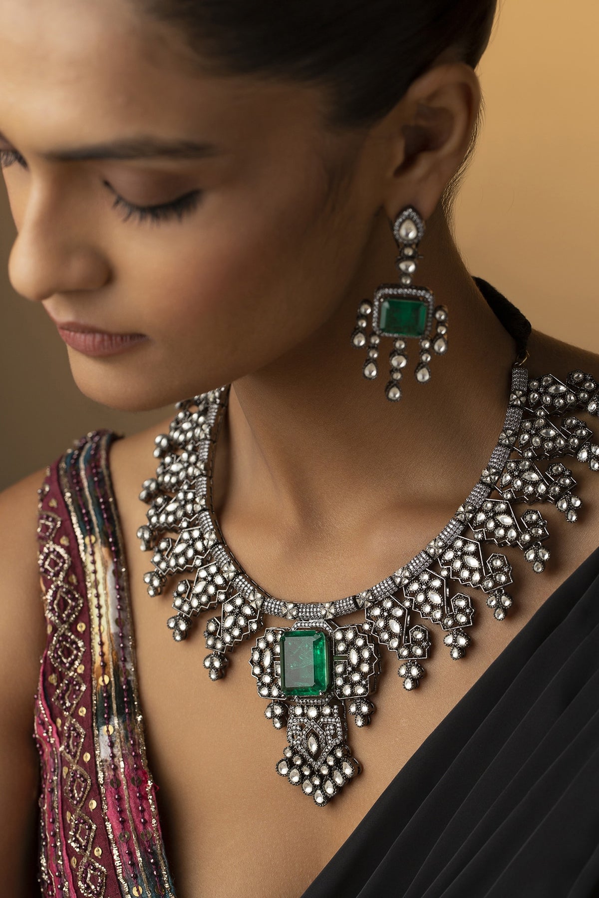 Rhodium Finish Emerald & Zirconia Necklace Set