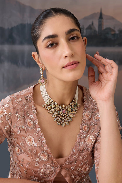 Gold Plated Kundan Polki & Pearl Necklace Set