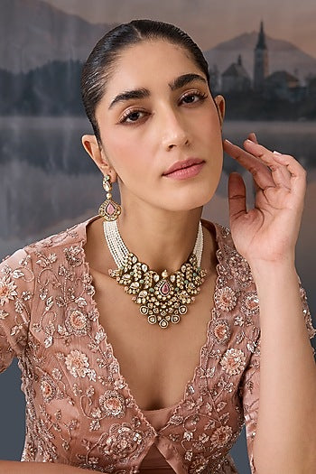 Gold Plated Kundan Polki & Pearl Necklace Set