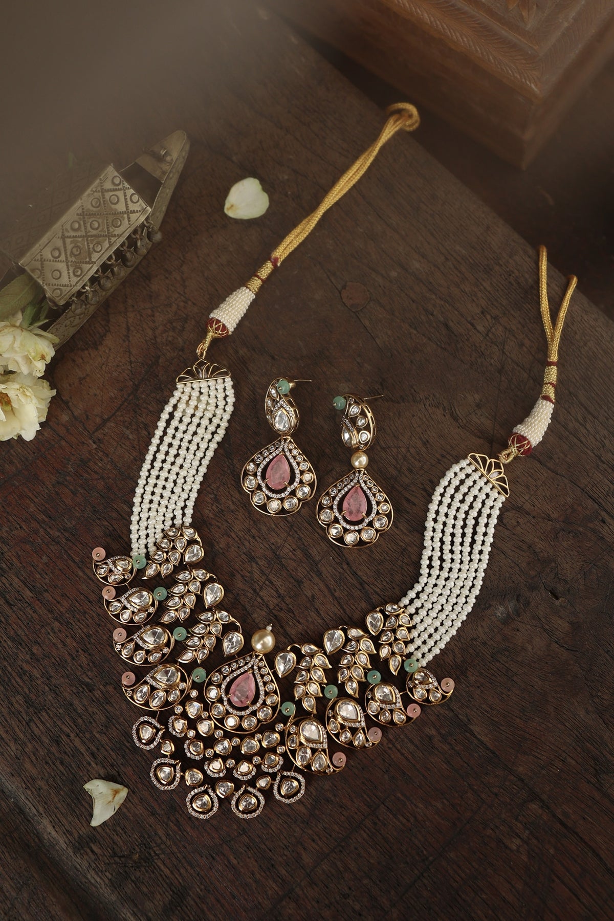 Gold Plated Kundan Polki & Pearl Necklace Set