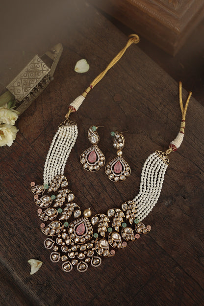Gold Plated Kundan Polki & Pearl Necklace Set