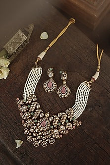 Gold Plated Kundan Polki & Pearl Necklace Set