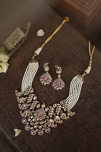 Gold Plated Kundan Polki & Pearl Necklace Set