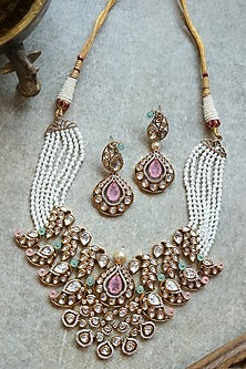 Gold Plated Kundan Polki & Pearl Necklace Set
