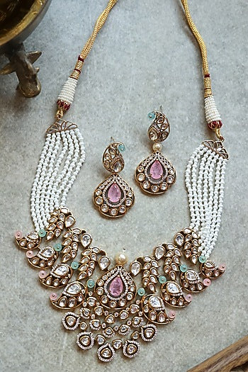Gold Plated Kundan Polki & Pearl Necklace Set