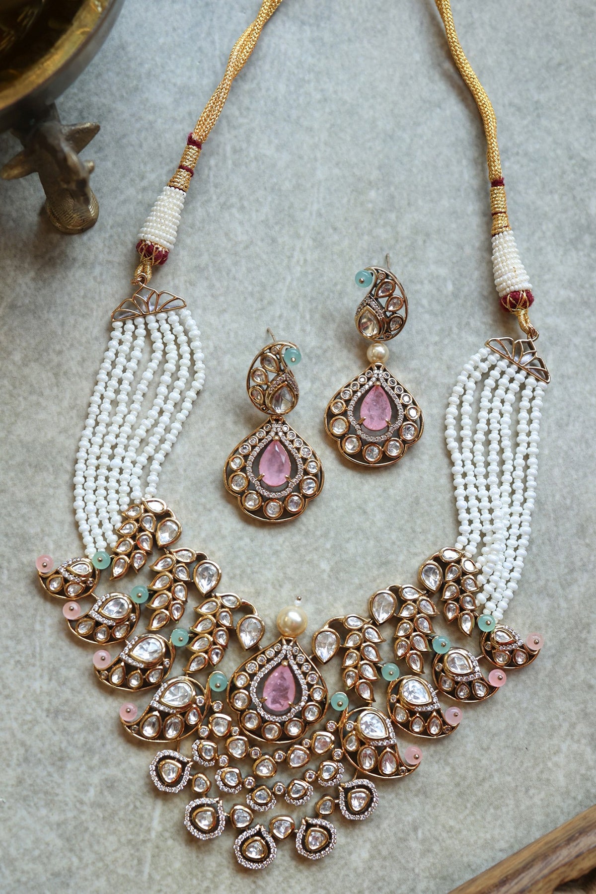 Gold Plated Kundan Polki & Pearl Necklace Set