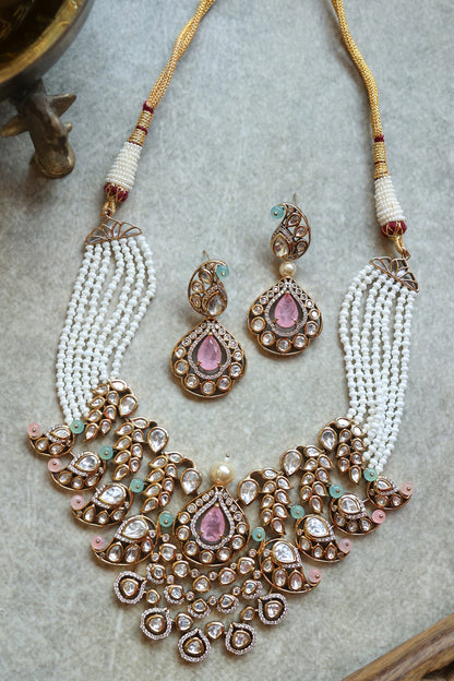Gold Plated Kundan Polki & Pearl Necklace Set